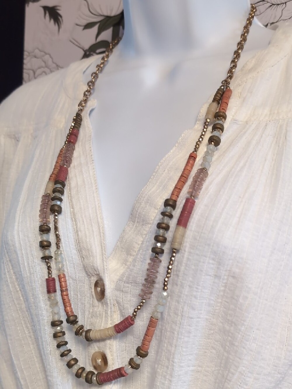 Layered Beaded Necklace in Pink and Beige with Gold Accents